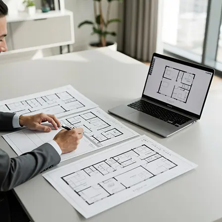 Real estate consultant reviewing apartment floor plans on a desk with laptop, modern office, natural light, professional atmosphere, realistic photography, high resolution
