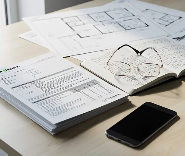 Close-up of desk with real estate documents, notebook with notes, glasses, smartphone and property blueprints, clean modern workspace, soft natural light, realistic photography, high resolution
