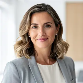 Professional headshot of a French woman in her mid 30s, soft natural light, bright indoor background, friendly and trustworthy expression, elegant casual outfit, realistic portrait photography, shallow depth of field, high resolution
