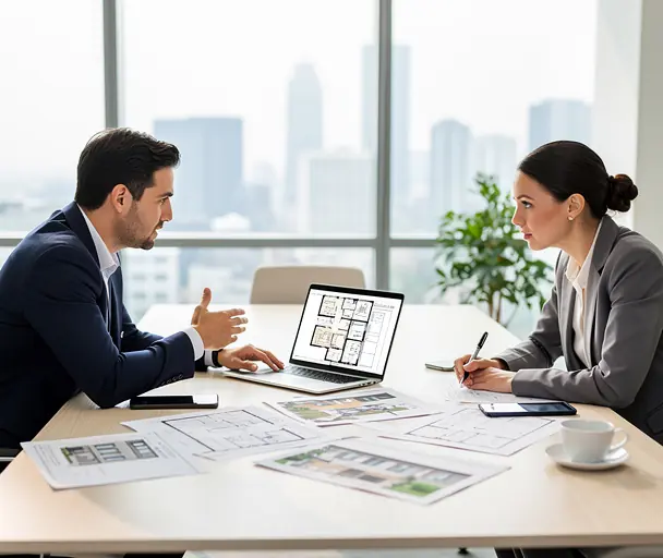 Two real estate professionals discussing property plans in a modern office, laptop open with floor plans visible, documents on table, natural daylight, professional atmosphere, realistic editorial photography, high resolution
