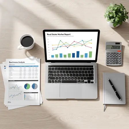 Top view of laptop with real estate market charts, documents, calculator and notebook on desk, clean modern workspace, realistic editorial photography, high resolution
