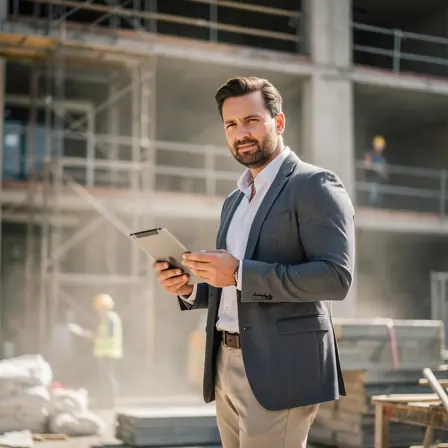 Investor reviewing building renovation site with tablet, construction background slightly blurred, professional mood, natural light, realistic photography, high resolution
