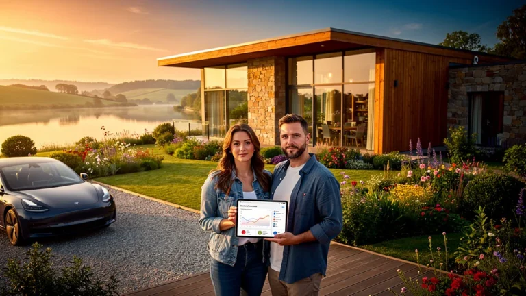 Résidence secondaire moderne ensoleillée avec couple réfléchissant à l'achat pour location rentable