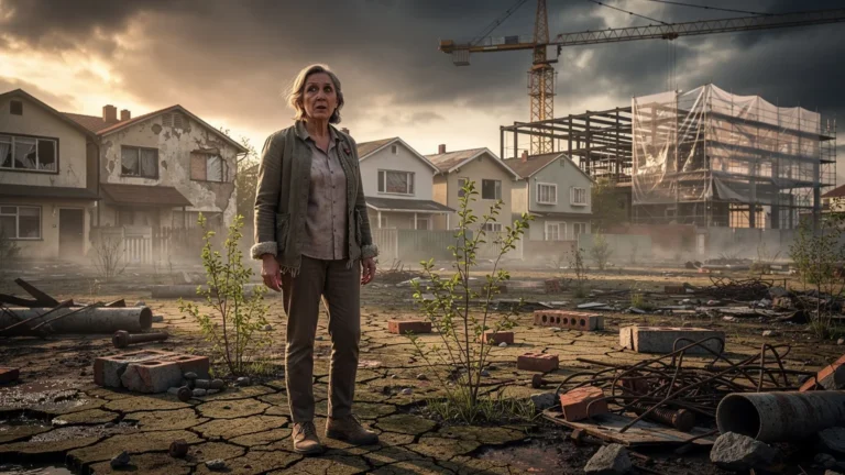 Femme désemparée dans un quartier en mutation marqué par la pollution des sols, ambiance urbaine réaliste
