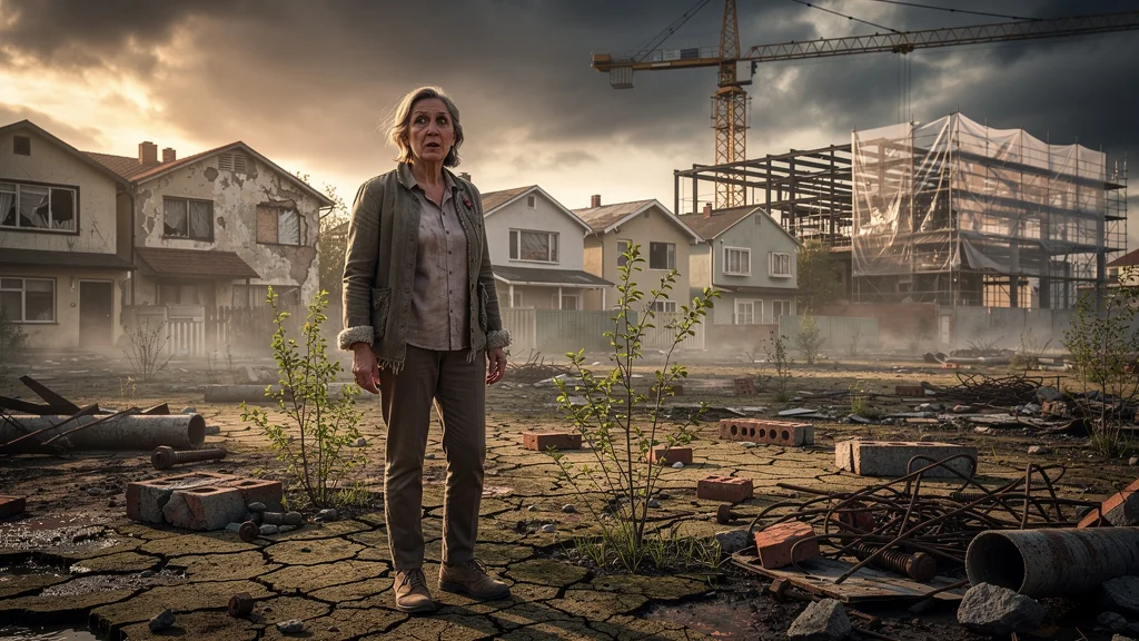 Femme désemparée dans un quartier en mutation marqué par la pollution des sols, ambiance urbaine réaliste