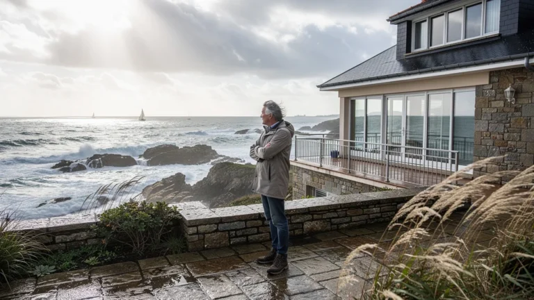 Acheteur observant une maison à Saint-Gildas-de-Rhuys pour vérifier le vent et l’exposition