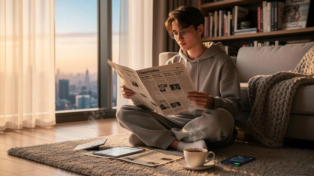 Personne lisant les annonces chaque matin pour sentir les tendances avant tout le monde, ambiance matinale réaliste