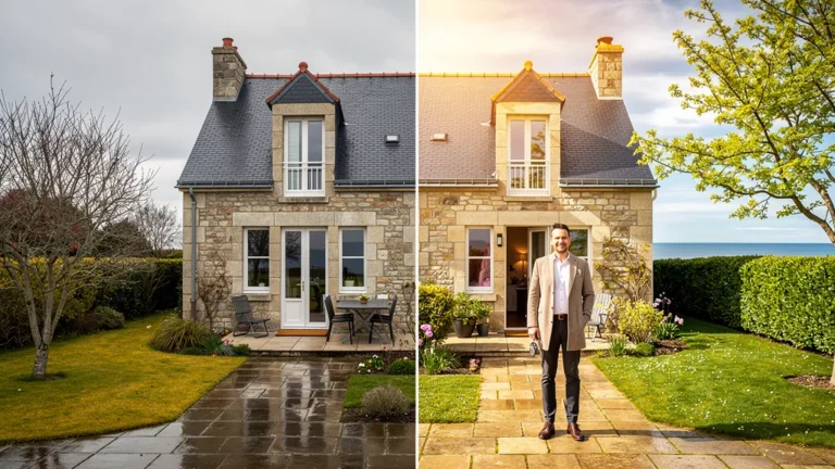 Maison secondaire à Sarzeau en vente, comparaison hors saison et avril, ambiance immobilière réaliste
