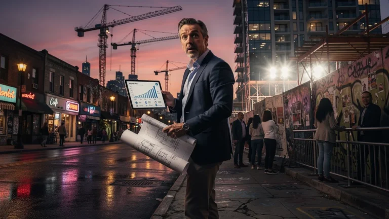 Moment clé d’investissement immobilier dans un quartier local en pleine transformation nocturne