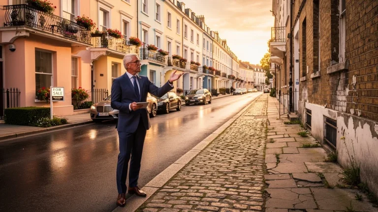 Scène réaliste d'une rue plus chère de 15 % que sa voisine, illustrant une différence immobilière visible
