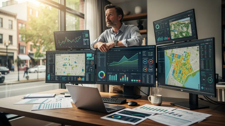 Professionnel analysant des données immobilières locales pour revoir sa stratégie d'achat