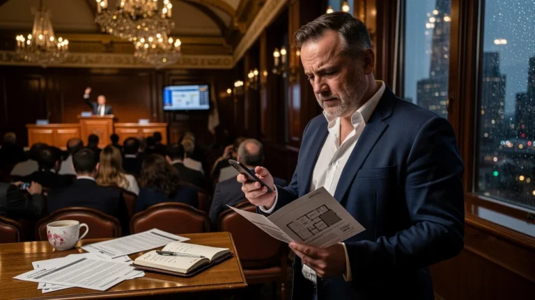 Investisseur particulier réfléchissant dans une salle d’enchères immobilières, ambiance intense et réaliste