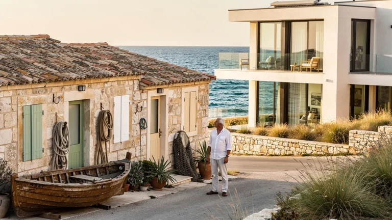 Maisons de pêcheur rénovées du golfe face à des villas récentes, comparaison architecturale en bord de mer
