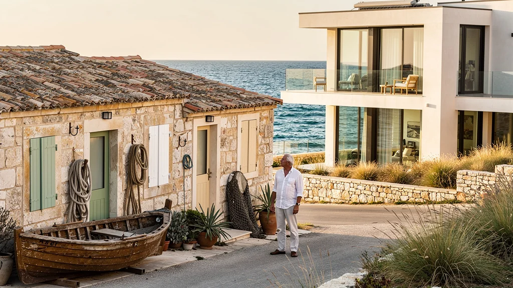 Maisons de pêcheur rénovées du golfe face à des villas récentes, comparaison architecturale en bord de mer