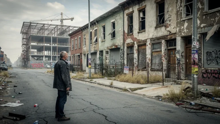 Quartier urbain en stagnation avec bâtiments délabrés et investisseur déçu malgré les promesses