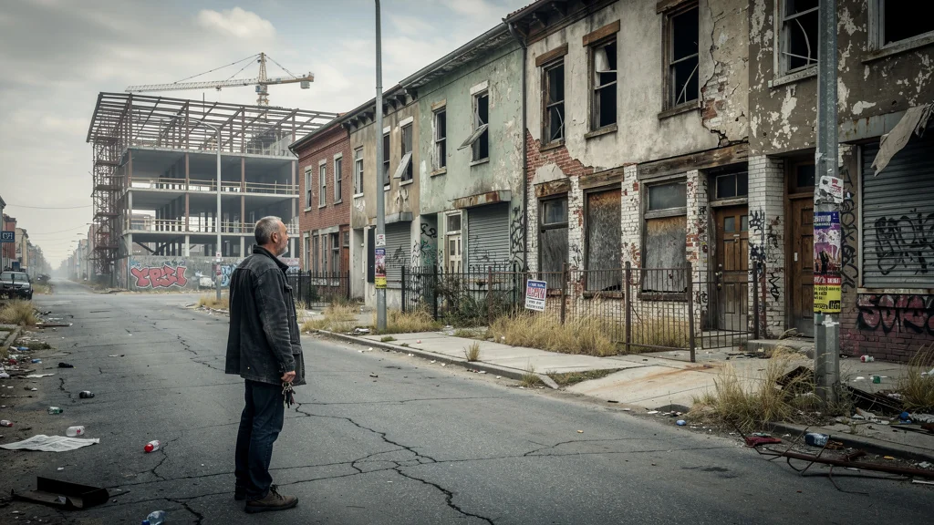 Quartier urbain en stagnation avec bâtiments délabrés et investisseur déçu malgré les promesses