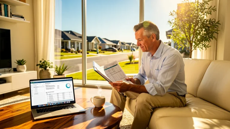 Homme réfléchi dans un salon lumineux avec documents clairs d’historique de propriété immobilière