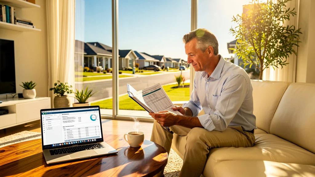 Homme réfléchi dans un salon lumineux avec documents clairs d’historique de propriété immobilière