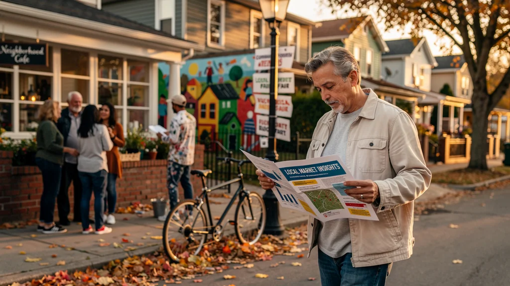 Homme observant une analyse de marché local dans un quartier animé au coucher du soleil