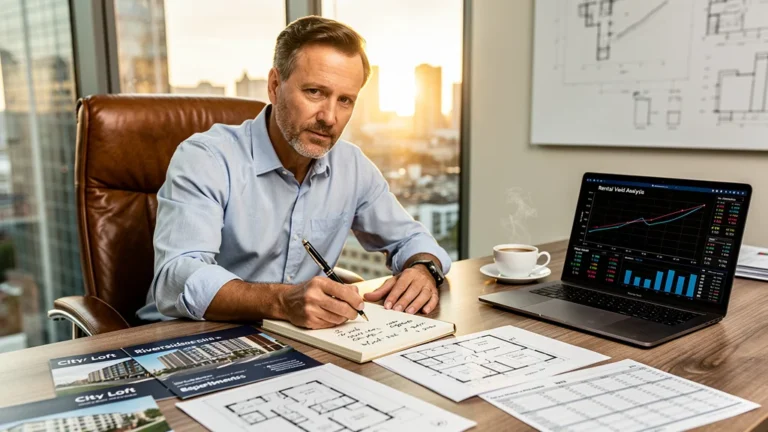 Investisseur immobilier réfléchissant au rendement locatif plutôt qu'au prix au m² pour son choix d'investissement