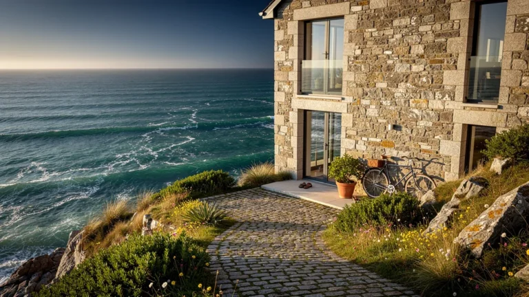 Maison d’Arzon avec vue mer panoramique, ambiance côtière authentique et lumière dorée en fin d’après-midi