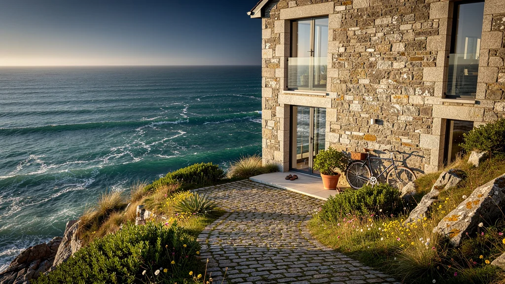 Maison d’Arzon avec vue mer panoramique, ambiance côtière authentique et lumière dorée en fin d’après-midi