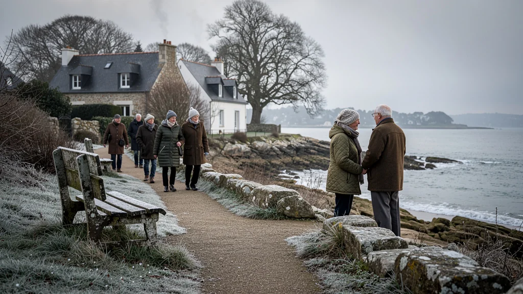 Retraités se promenant en hiver autour du golfe du Morbihan, ambiance paisible et lumière naturelle douce