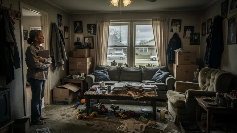 Intérieur encombré d’une maison avec propriétaire anxieuse, reflétant un délai de vente rallongé