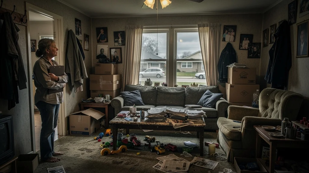 Intérieur encombré d’une maison avec propriétaire anxieuse, reflétant un délai de vente rallongé