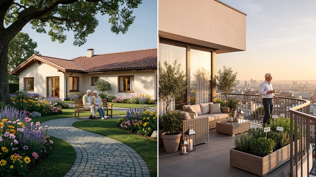 Maison avec jardin et appartement avec terrasse séduisants pour retraités, choix de vie paisible après plusieurs mois