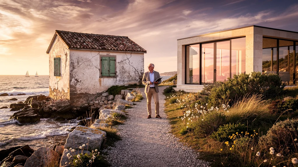Maison de pêcheur traditionnelle et pavillon moderne côte à côte sur presqu'île au coucher du soleil