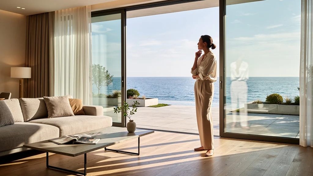 Intérieur moderne avec vue mer panoramique et femme réfléchissant sur la vente immobilière