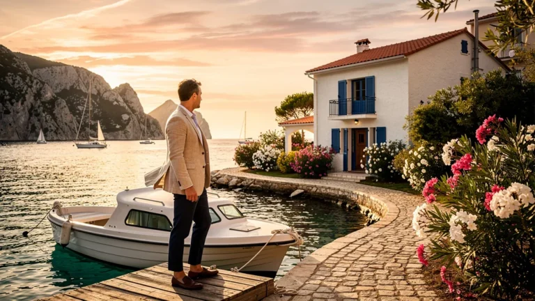 Jeune investisseur fier devant sa maison rénovée sur la presqu'île au coucher de soleil
