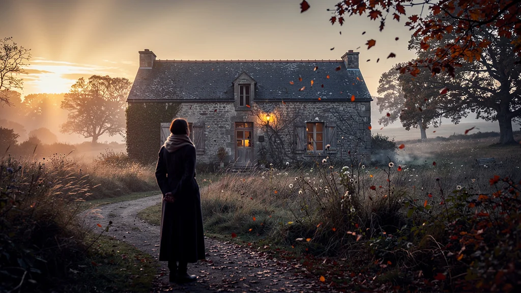 Maison traditionnelle à Rhuys un soir d’octobre, ambiance automnale et lumière dorée réaliste