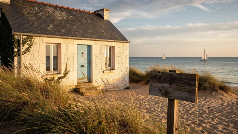 Petite maison à vendre bord de mer Calvados, maison en pierre au charme côtier avec plage et mer en arrière-plan
