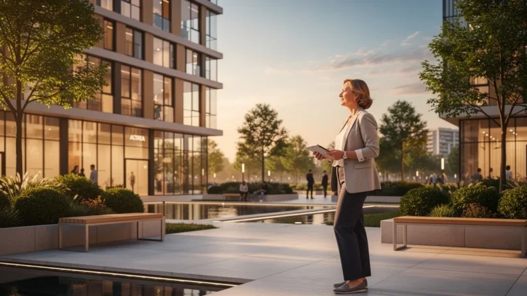 Paysage urbain moderne Altarea Solutions avec femme rédactrice immobilière contemplative au crépuscule