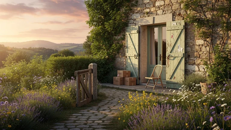 Photographie réaliste d'une résidence secondaire à vendre au crépuscule, ambiance douce et textures détaillées