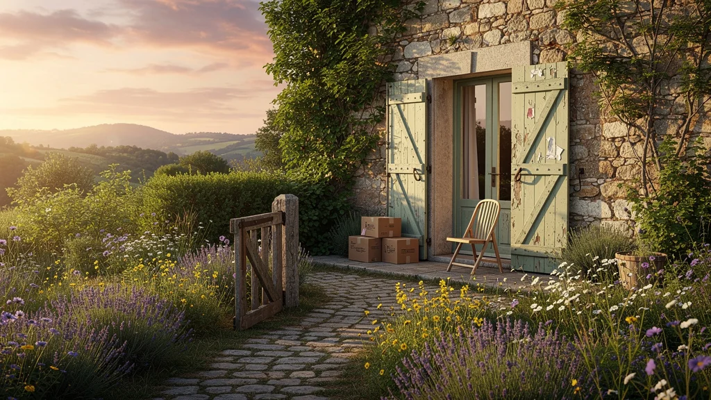 Photographie réaliste d'une résidence secondaire à vendre au crépuscule, ambiance douce et textures détaillées