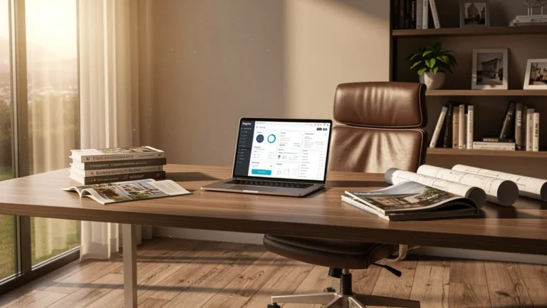 Bureau moderne lumineux avec ordinateur affichant Degram, ambiance calme et professionnelle, usage immobilier