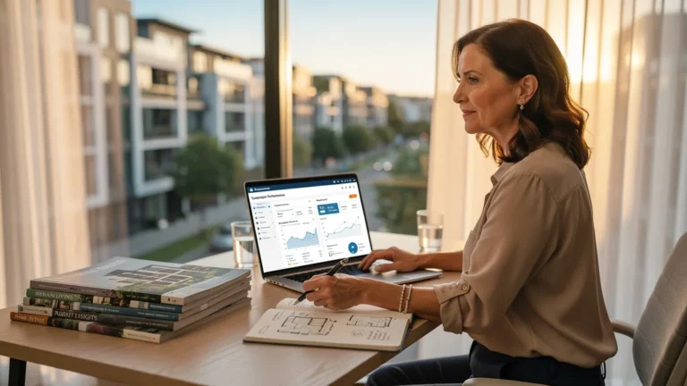 Portrait hyperréaliste d'une rédactrice immobilière au bureau évaluant Expansiel Promotion après 3 mois