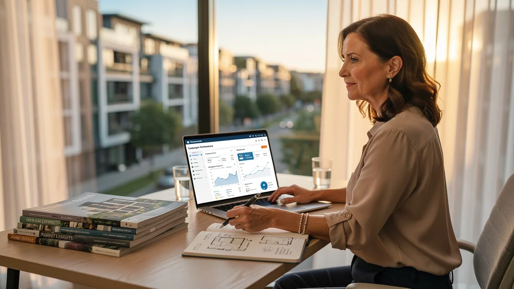Portrait hyperréaliste d'une rédactrice immobilière au bureau évaluant Expansiel Promotion après 3 mois