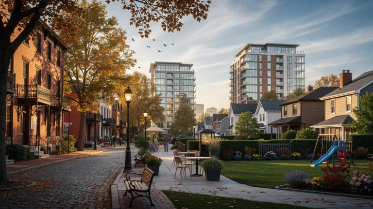 Comparaison hyper réaliste de trois quartiers urbains d'une même ville en lumière naturelle dorée