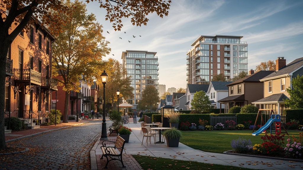Comparaison hyper réaliste de trois quartiers urbains d'une même ville en lumière naturelle dorée