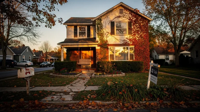 Maison en vente observée un an, façade détaillée sous lumière chaude d’automne en quartier résidentiel calme