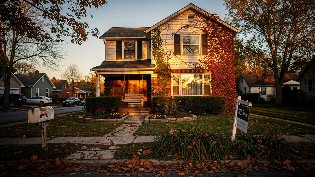 Maison en vente observée un an, façade détaillée sous lumière chaude d’automne en quartier résidentiel calme
