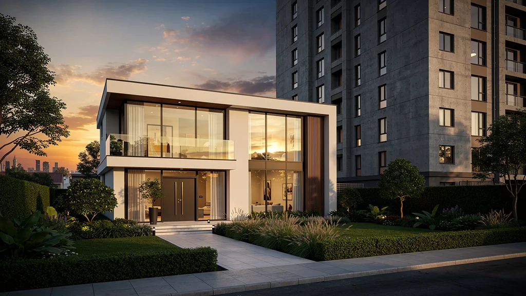 Maison moderne perdant 15 % de valeur à cause d’un vis-à-vis proche dans un quartier résidentiel urbain