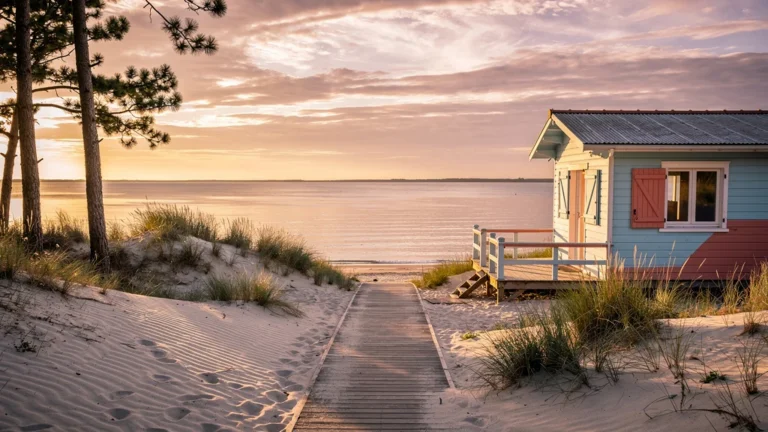 Vue hyperréaliste d’une location saisonnière à Arcachon sur la dune au coucher du soleil