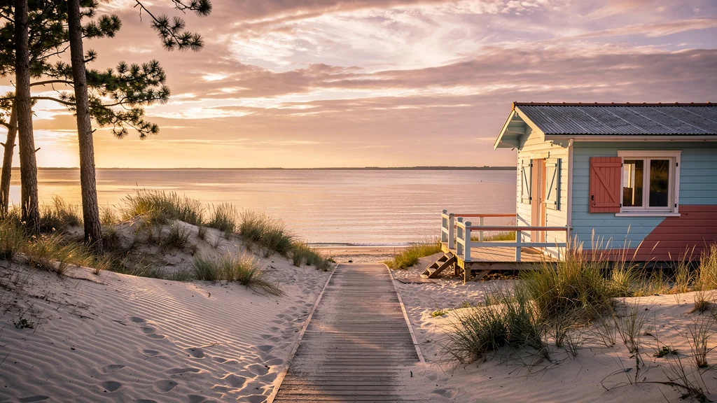 Vue hyperréaliste d’une location saisonnière à Arcachon sur la dune au coucher du soleil