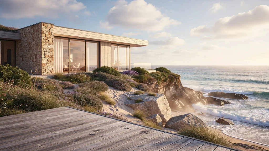 Maison bord de mer moderne en pierre et bois avec vue océan, après 6 mois d'usage réel, soleil couchant