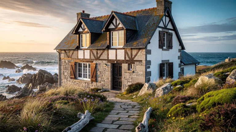 Maison bretonne traditionnelle en bord de mer, granite et bois, paysage côtier sauvage Atlantique
